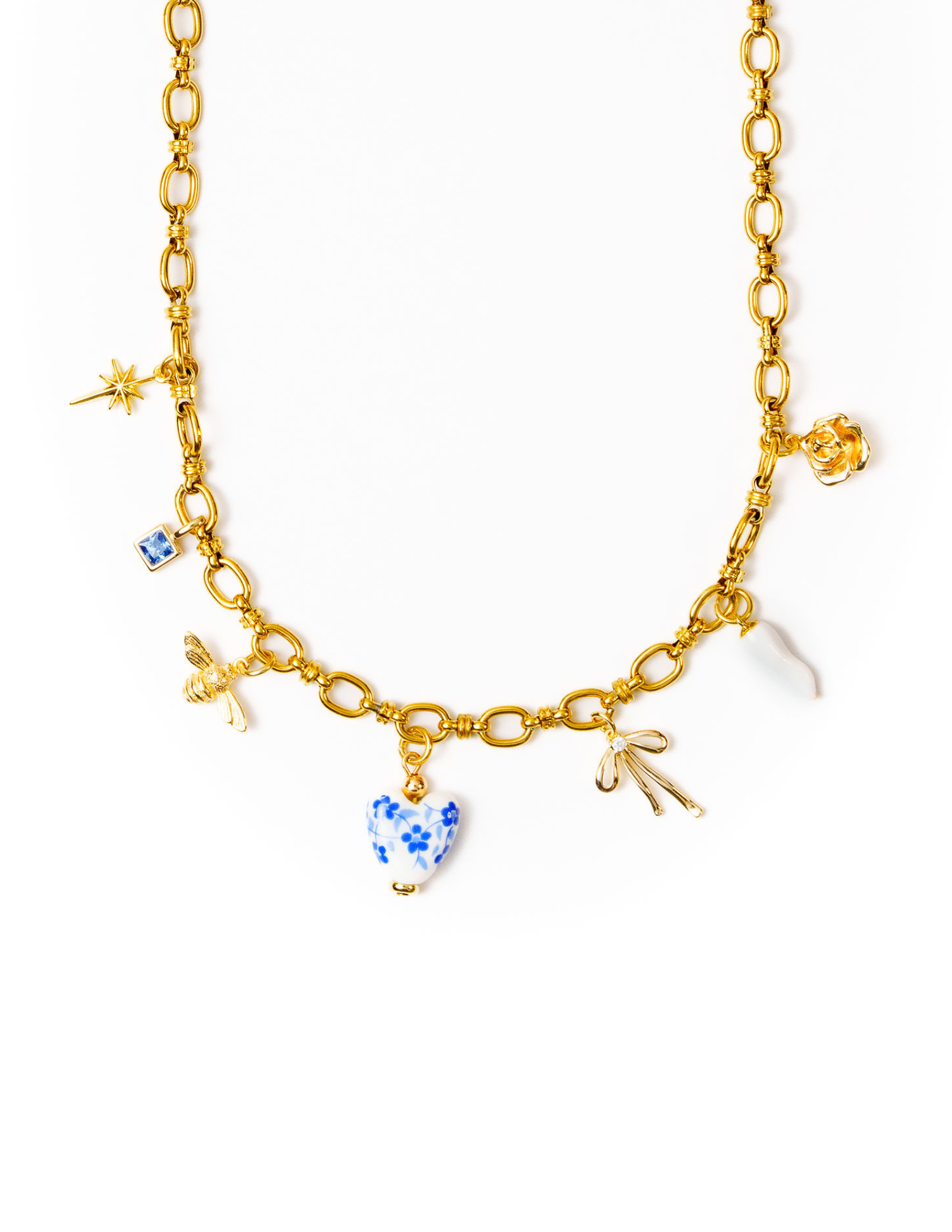 Premade-Vintage Ceramic Heart 7 Charm Necklace