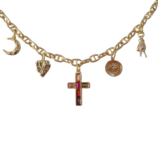 Multi Gem Cross 5 Charm Necklace